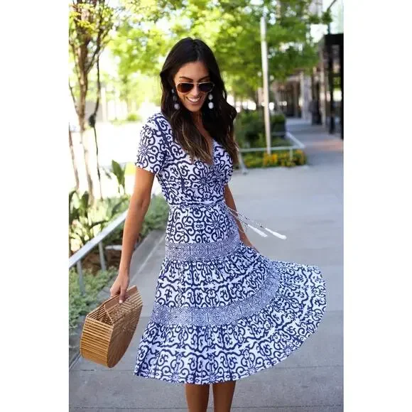 Roberta Roller Rabblt Printed Short Sleeve Wrap Dress Size S Small Blue - Picture 8 of 8